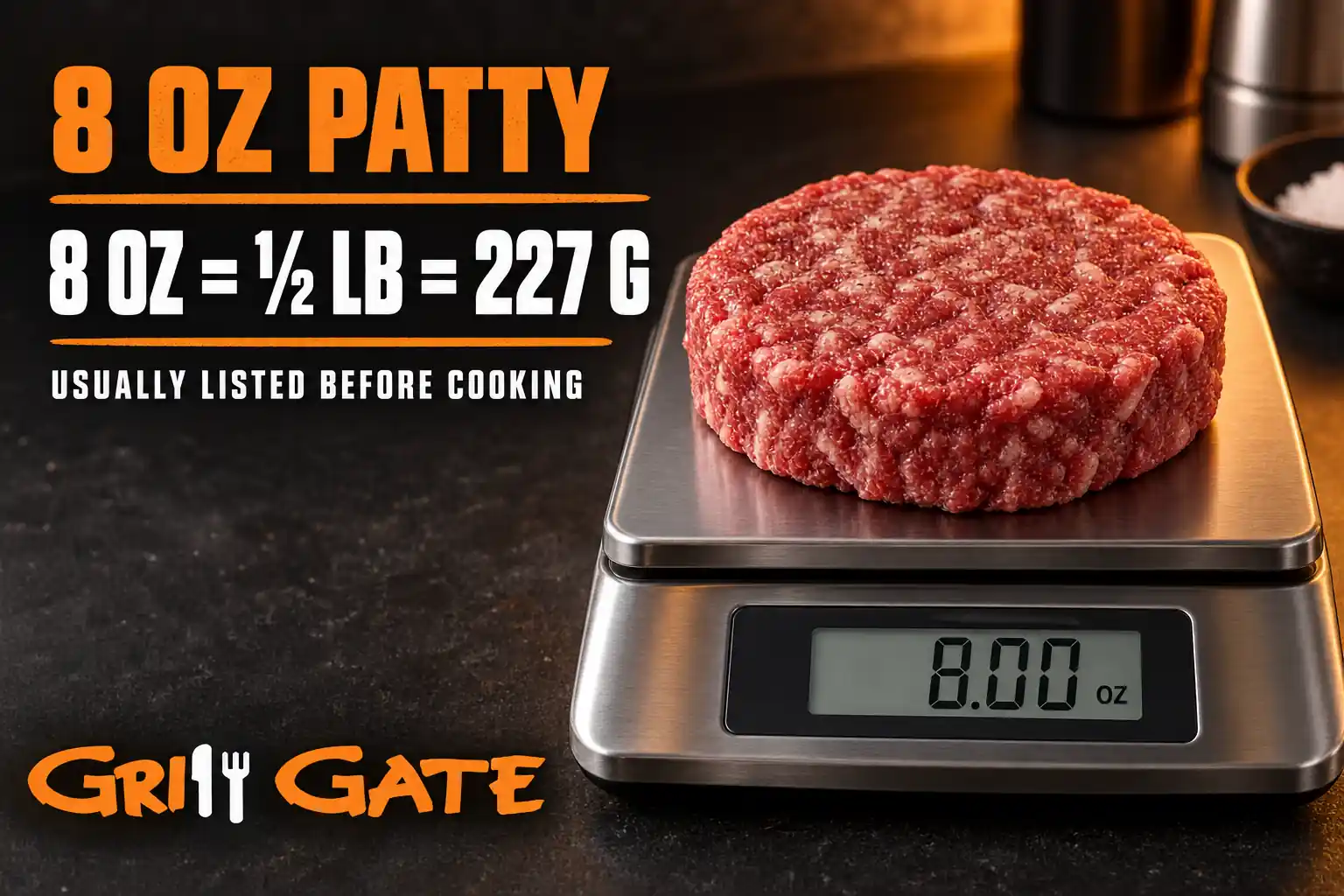 8 oz burger patty weighing half a pound or 227 grams on a kitchen scale