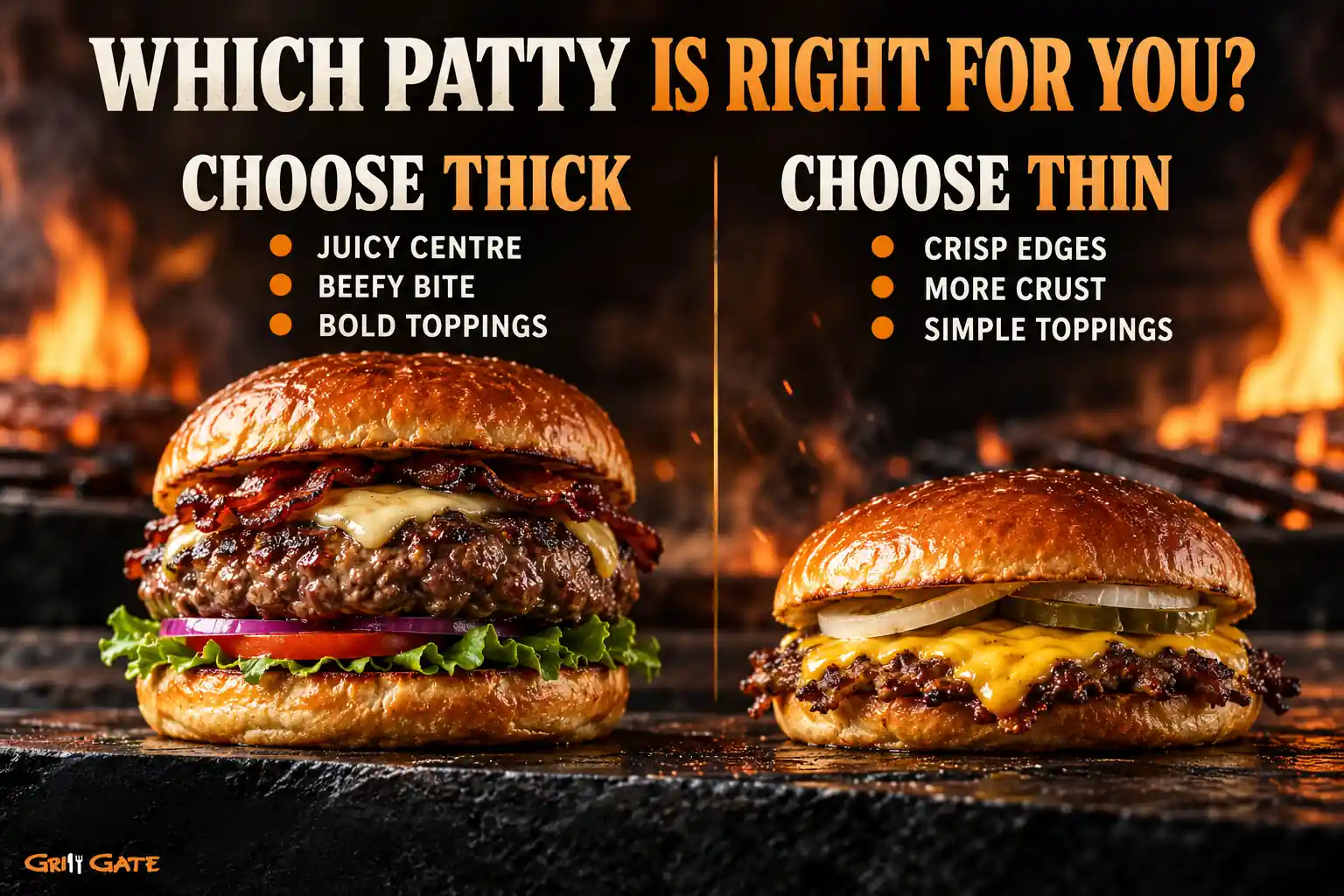 Decision guide for choosing a thick or thin burger patty based on texture and toppings