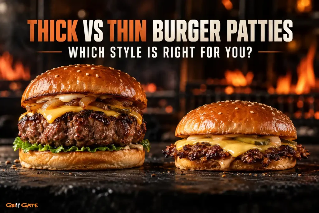 Thick vs thin burger patties comparison showing a thick gourmet burger and a thin crispy burger