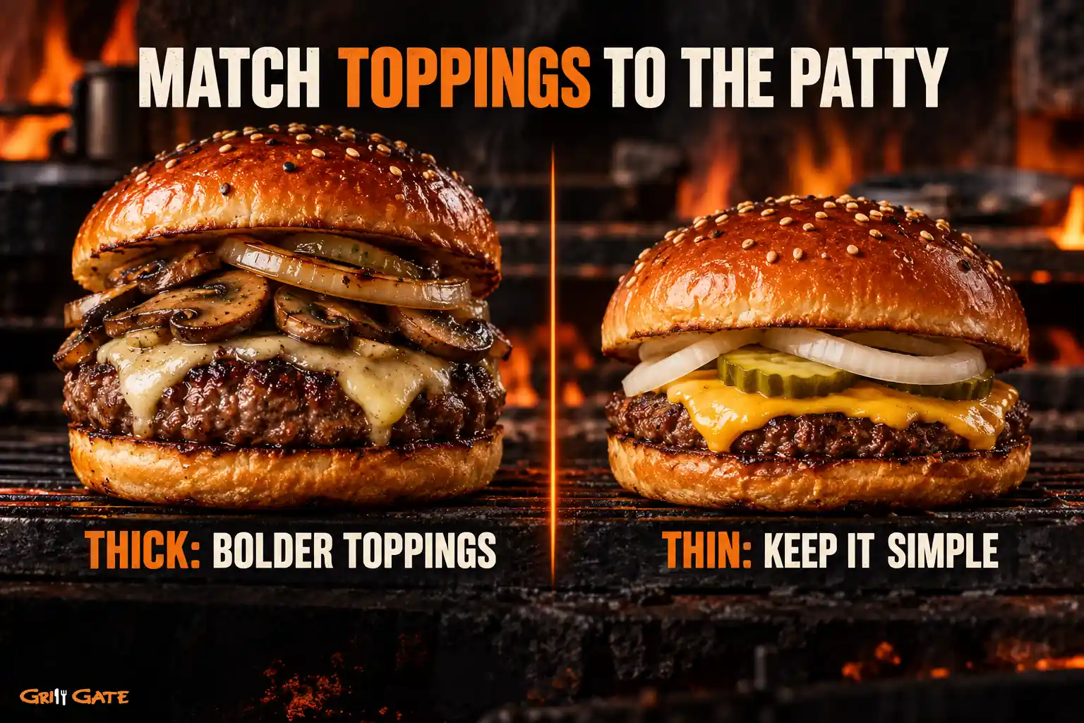 Topping guide comparing bold toppings for thick patties with simple toppings for thin patties