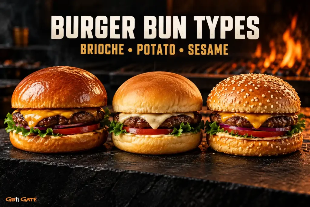 rioche, potato and sesame burger bun types compared on three burgers