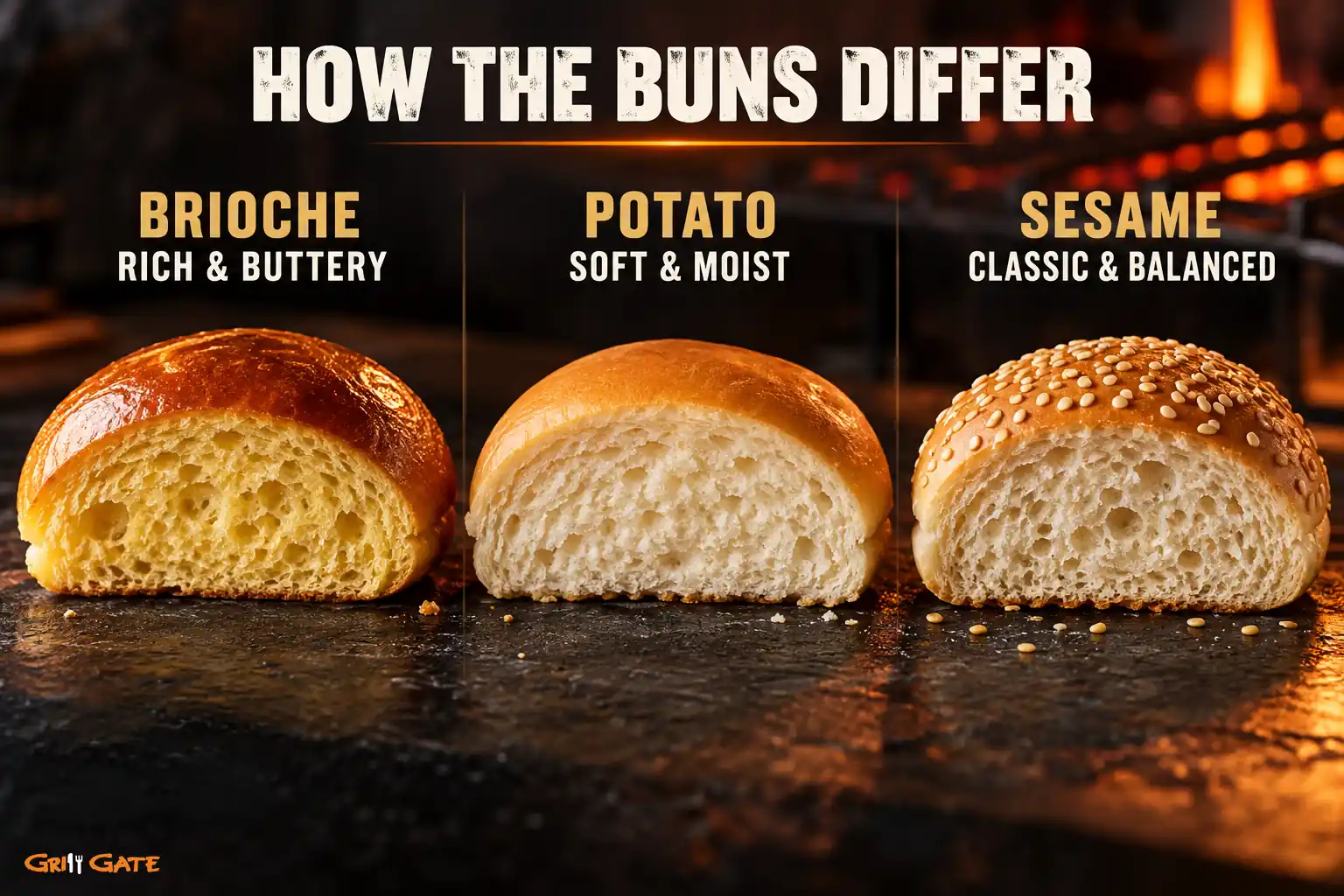 Brioche, potato and sesame burger buns compared by crumb and texture