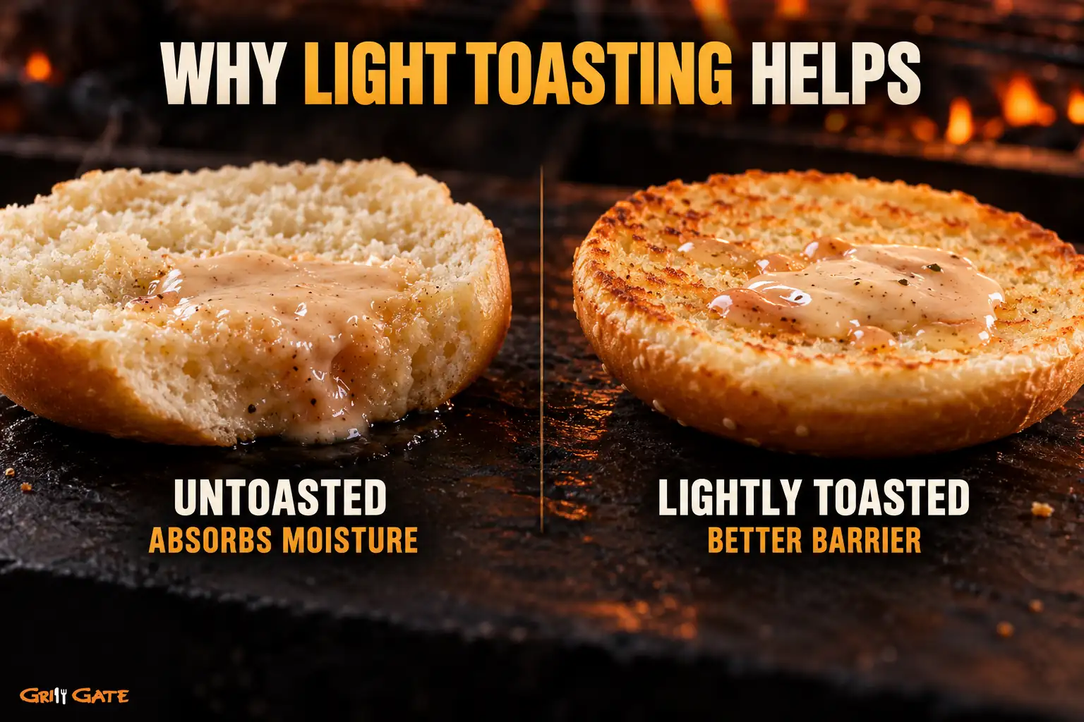 Toasted versus untoasted burger bun comparison showing moisture absorption