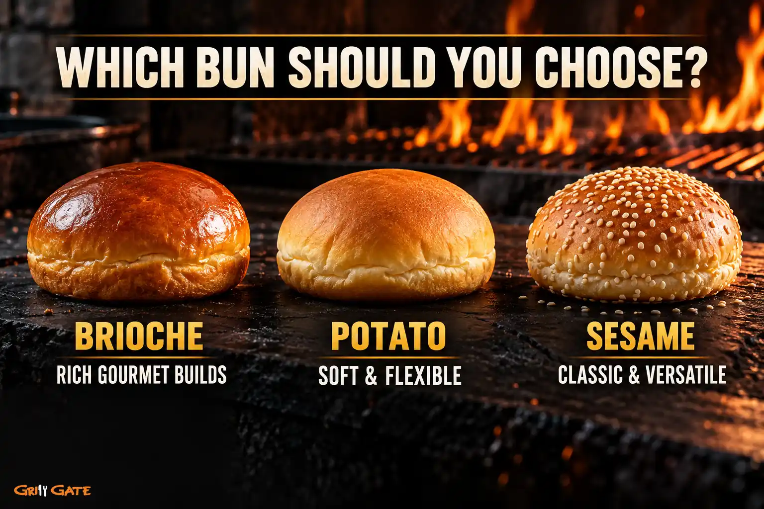 ecision guide for choosing brioche, potato or sesame burger buns