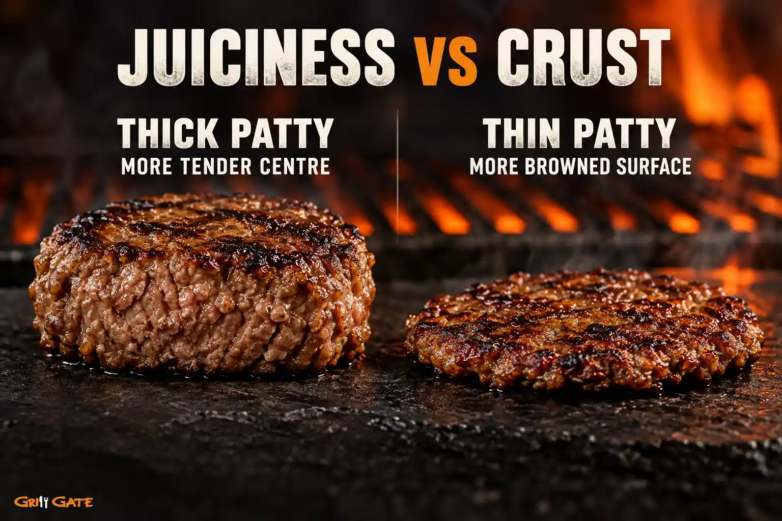 Thick burger patty juiciness compared with the browned crust of a thin patty