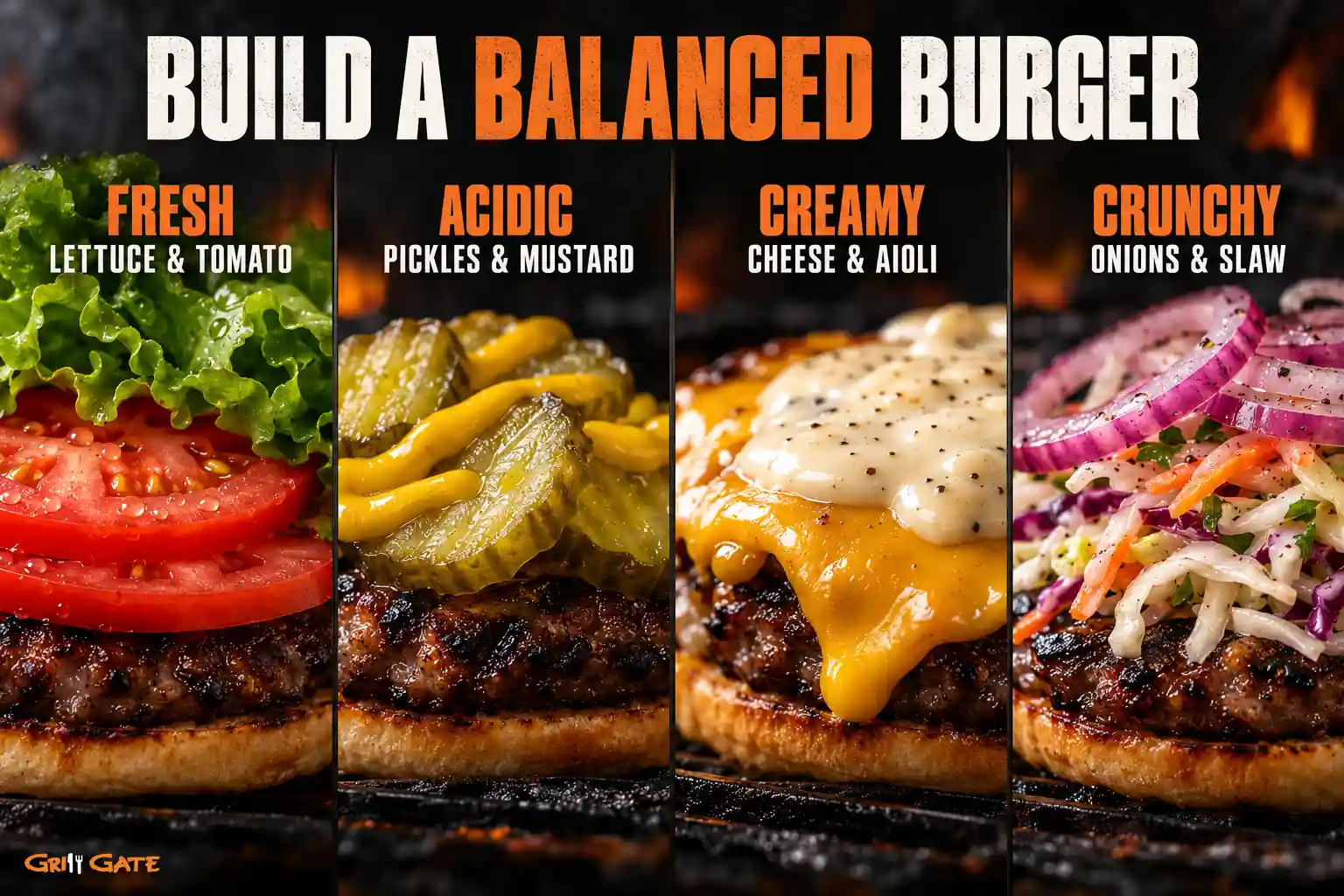 Balanced burger toppings divided into fresh, acidic, creamy and crunchy ingredients