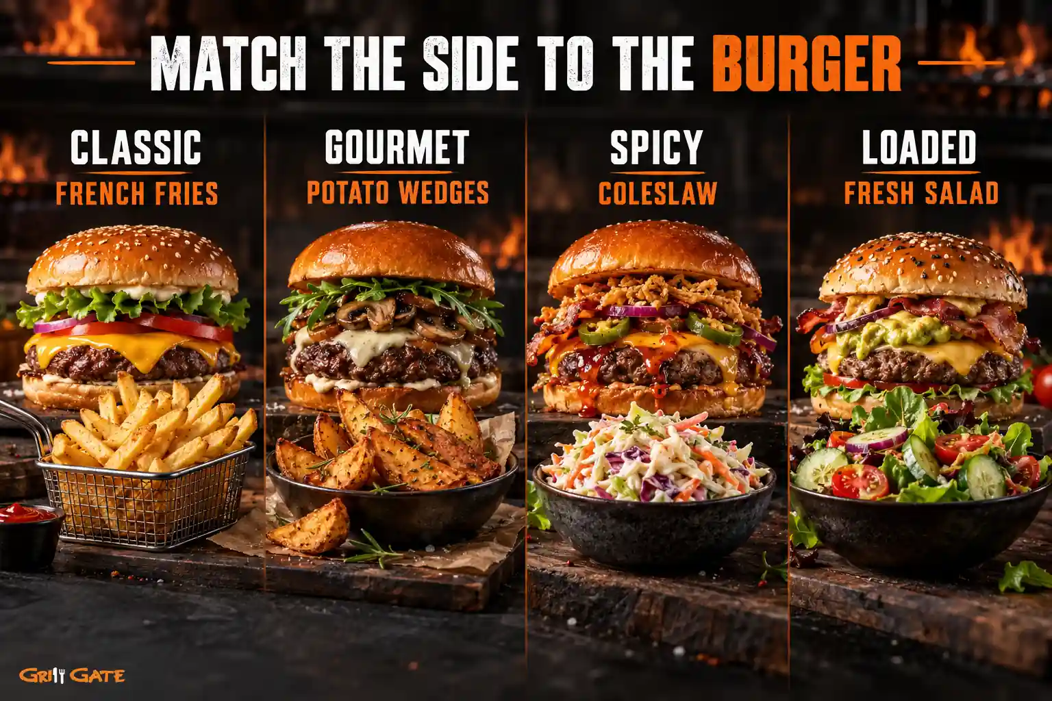 Side dish pairing guide for classic, gourmet, spicy and loaded burgers