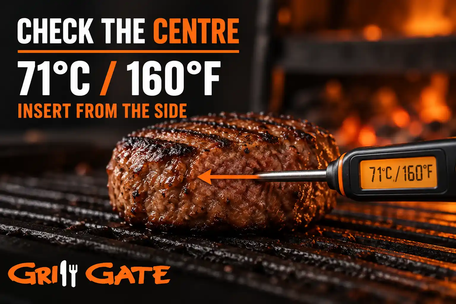 Food thermometer inserted through the side of a thick burger patty showing 71°C and 160°F