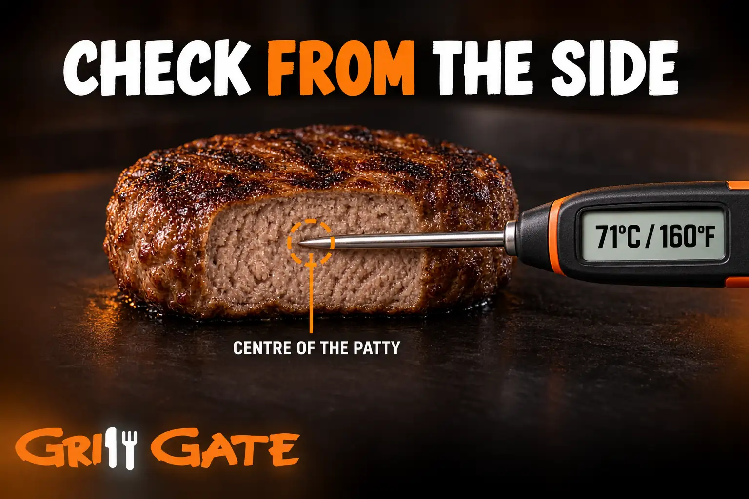 Food thermometer inserted through the side of a burger patty to check for 71°C or 160°F