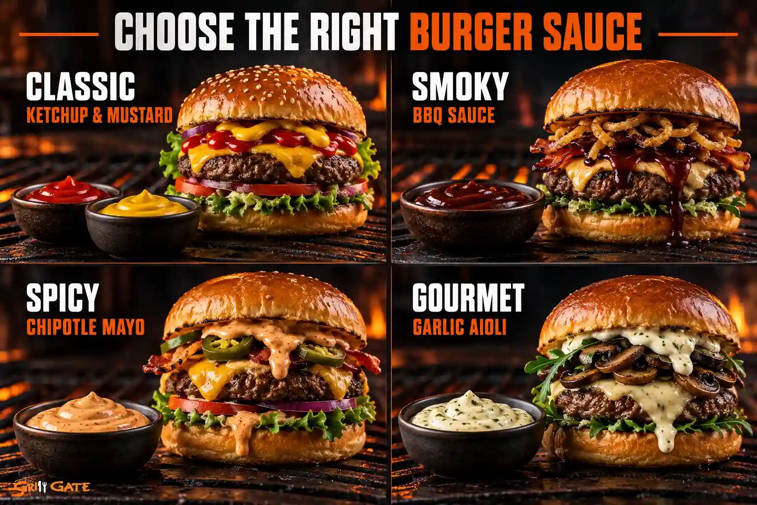 Burger sauce pairing guide featuring ketchup, mustard, BBQ sauce, chipotle mayo and garlic aioli