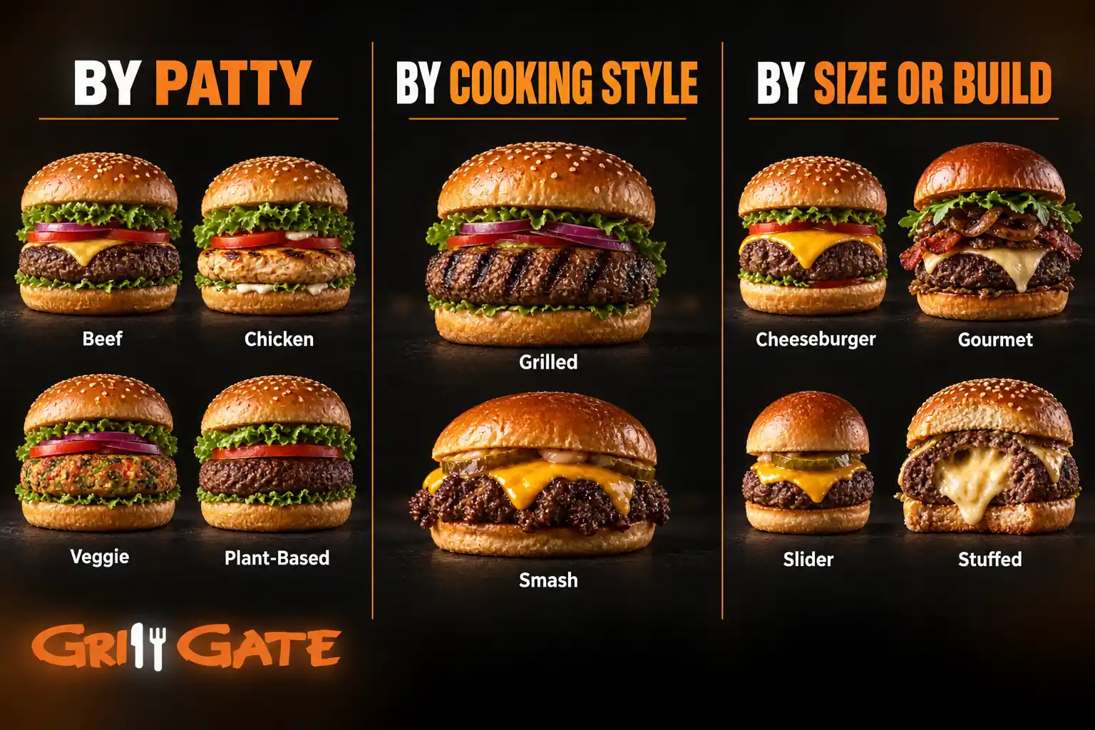 Burger types classified by patty, cooking style, size and overall build