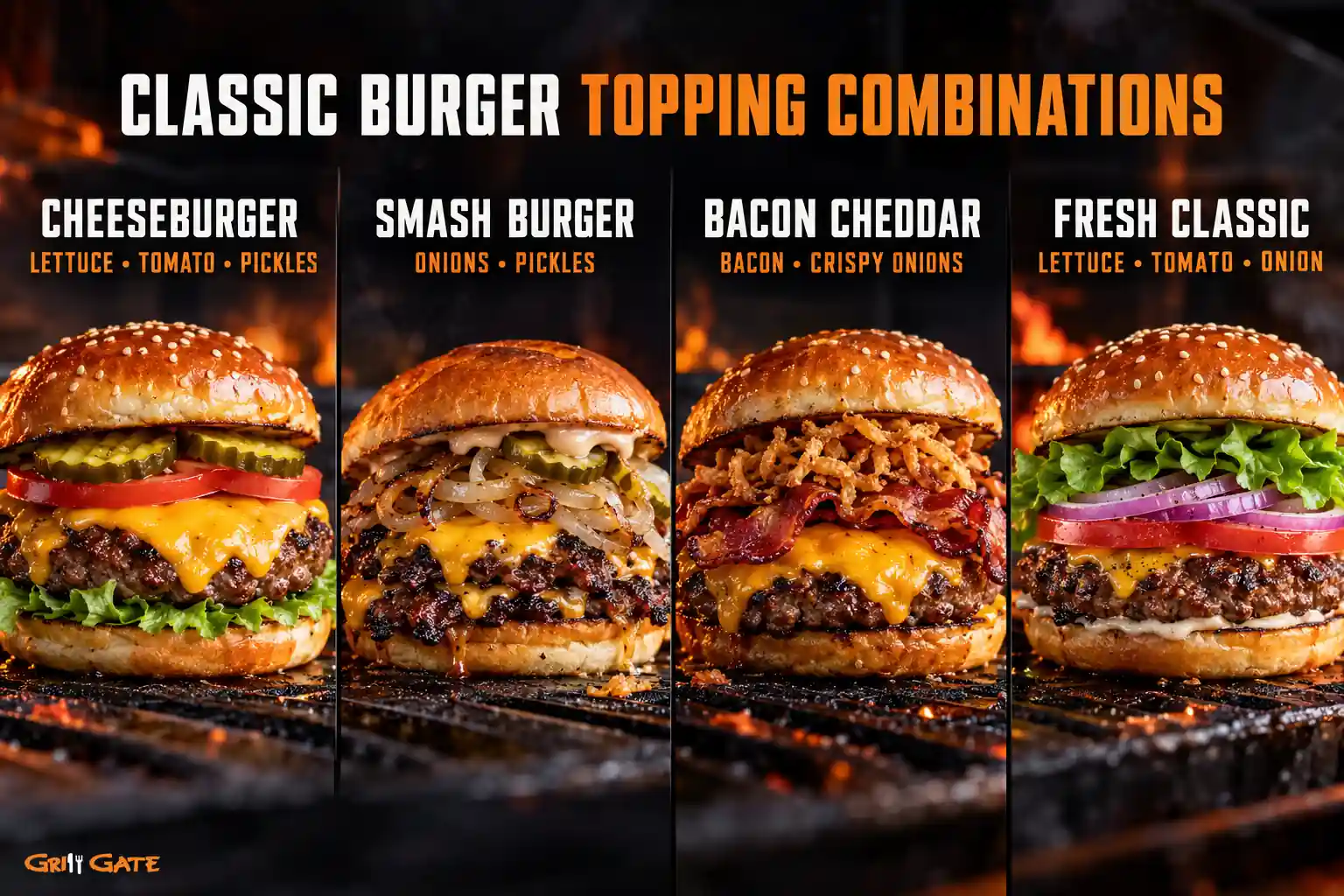 Classic topping combinations for cheeseburgers, smash burgers and bacon cheddar burgers