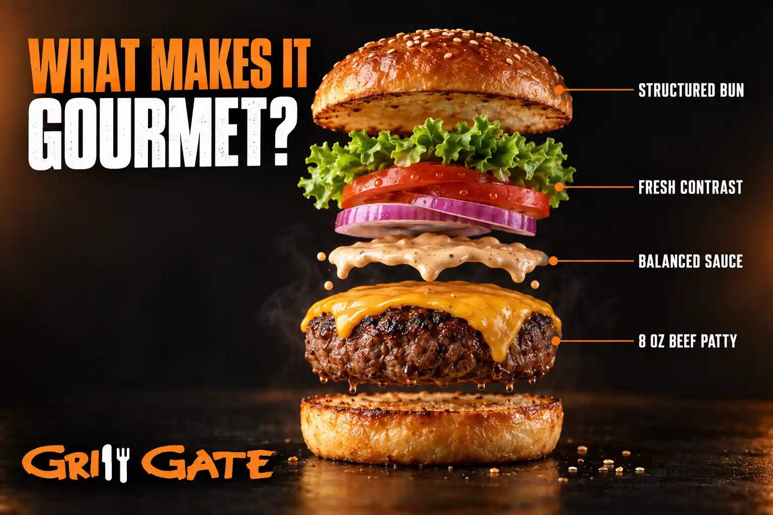 Exploded view of an 8 oz gourmet burger showing its bun, vegetables, sauce and beef patty