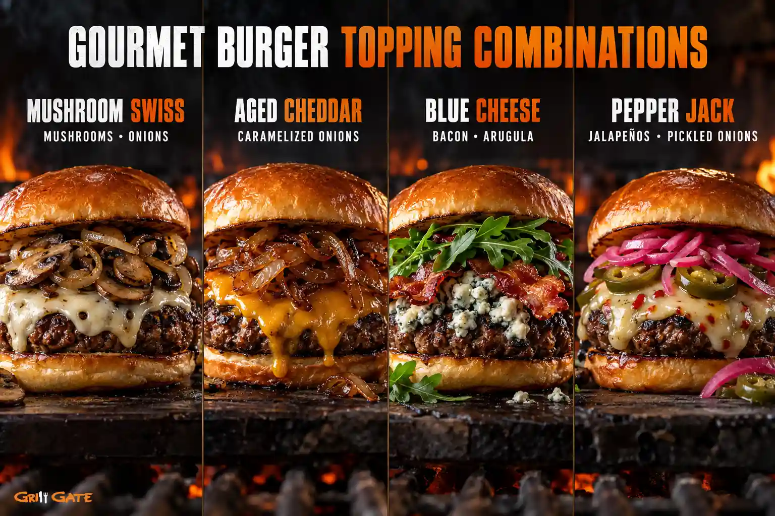 Gourmet burger toppings with mushroom Swiss, aged cheddar, blue cheese and Pepper Jack