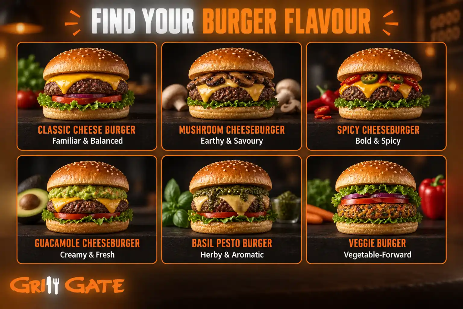 Grill Gate burger flavour guide featuring classic, spicy, spicy, mushroom, pesto, guacamole and veggie options