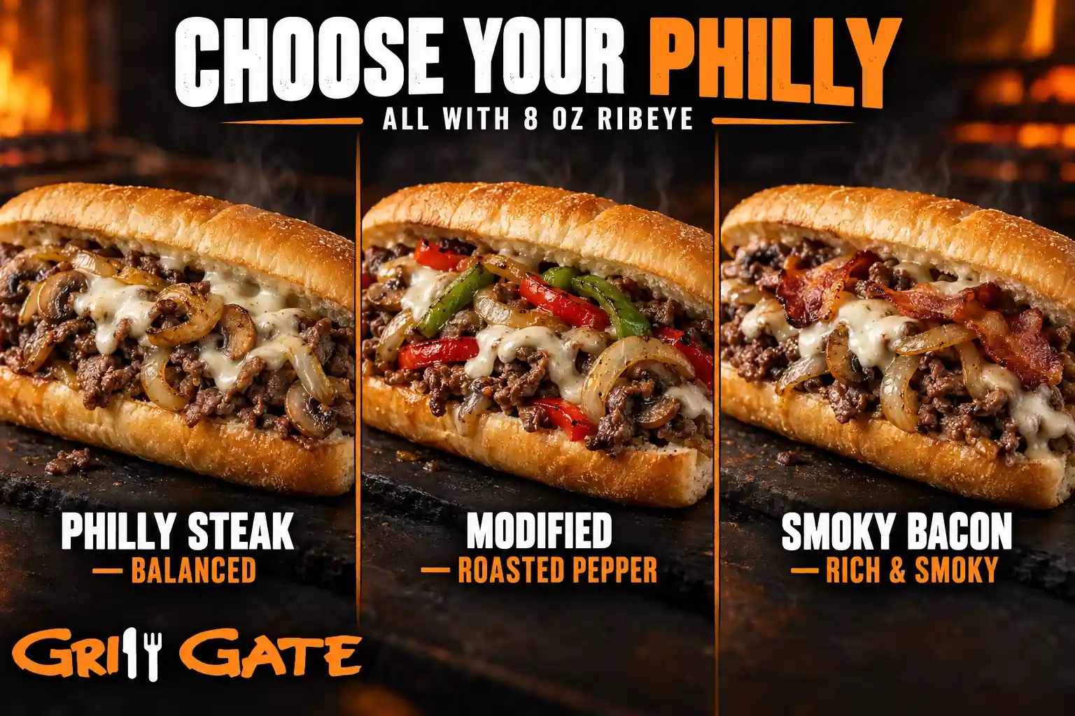 Grill Gate Philly Steak, Modified Philly Steak and Smoky Bacon Philly Steak compared