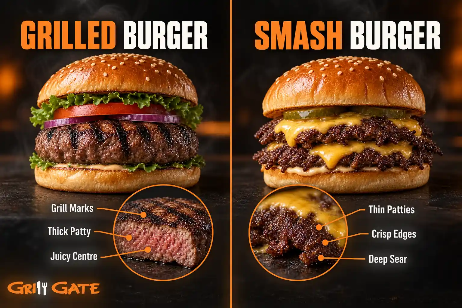 Grilled burger and smash burger compared by patty thickness, texture and cooking method