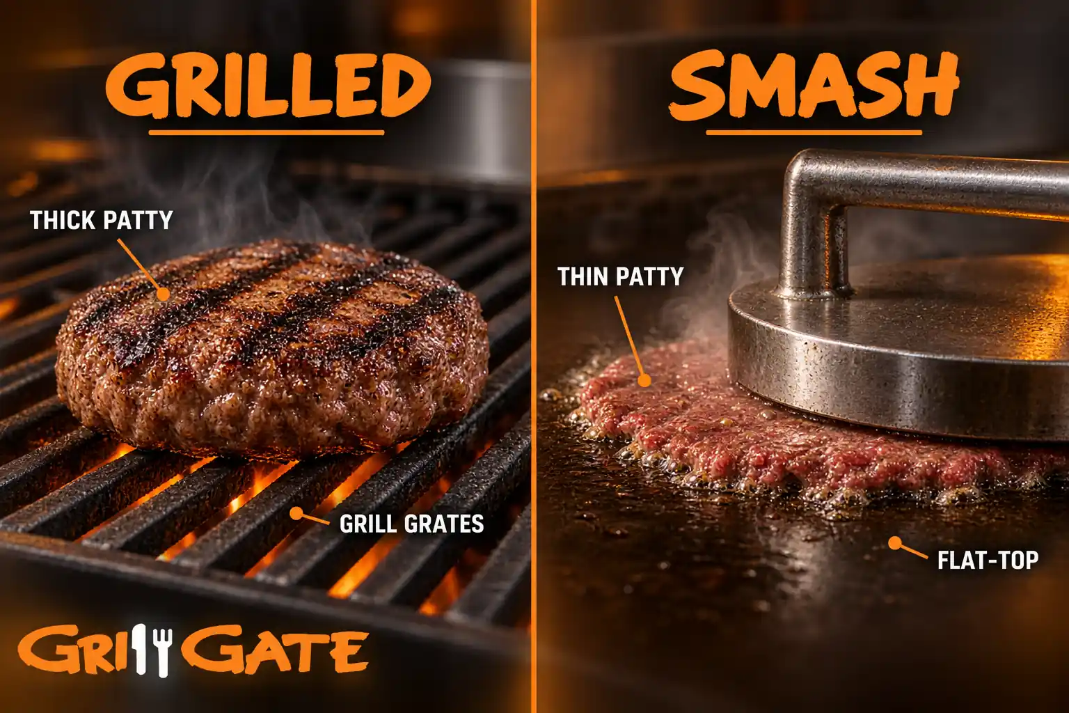 Grilled burger on grill grates compared with a smash burger pressed on a flat-top griddle