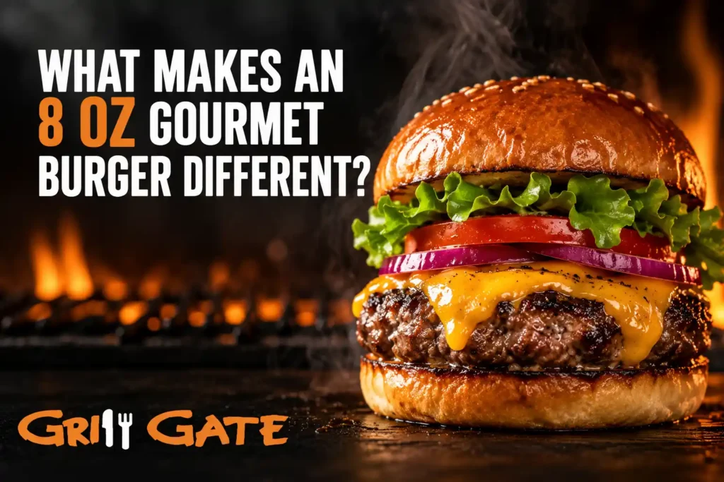 Thick 8 oz gourmet burger with melted cheddar at Grill Gate