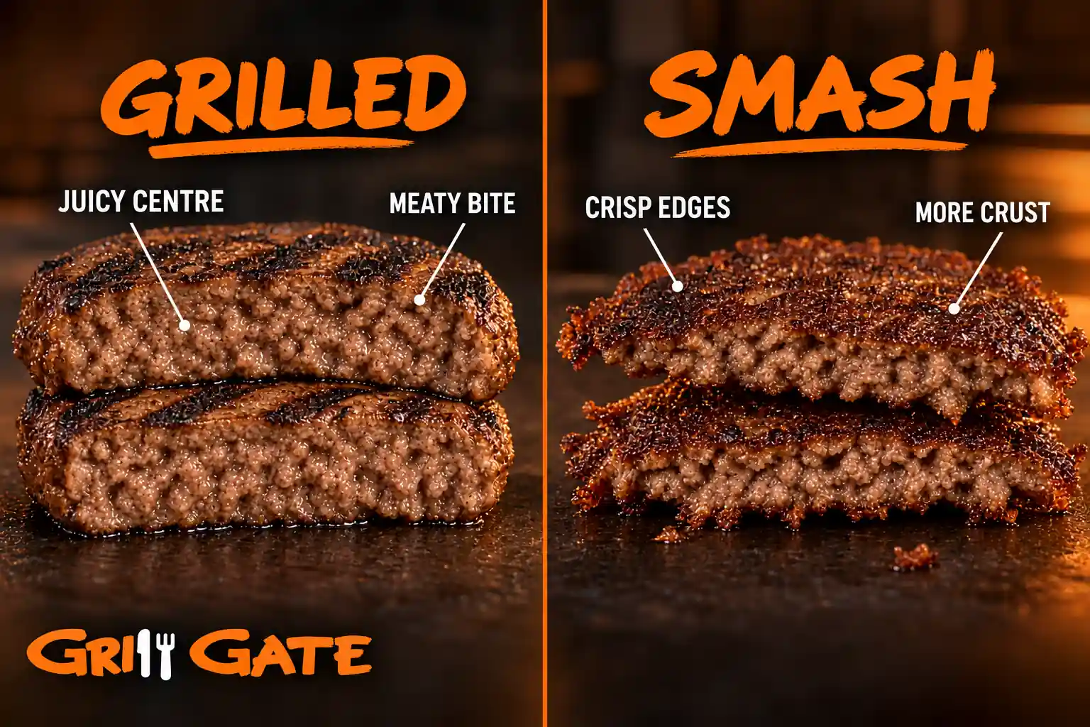 Cross-section of grilled and smash burger patties comparing juicy centres, crisp edges and crust