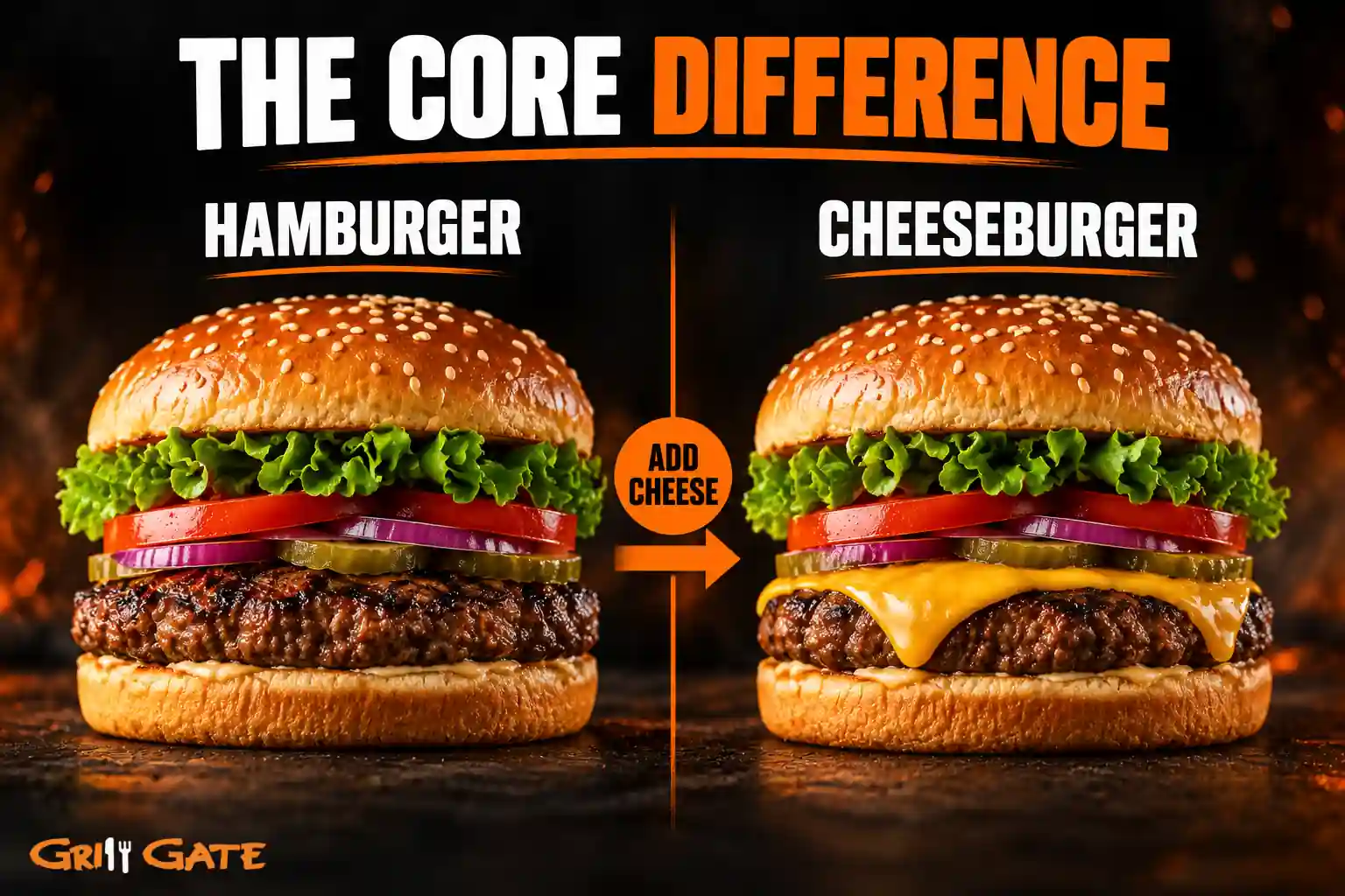 Hamburger and cheeseburger with identical toppings showing cheese as the core difference