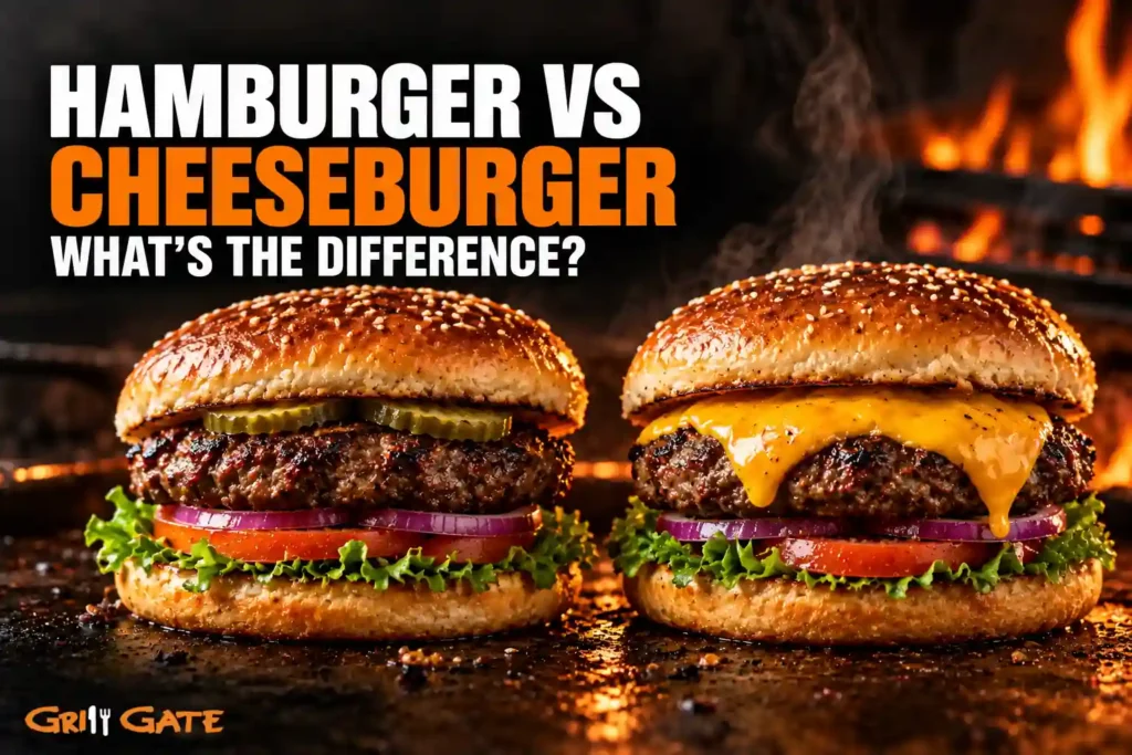 Hamburger vs cheeseburger comparison showing a classic hamburger and melted cheeseburger