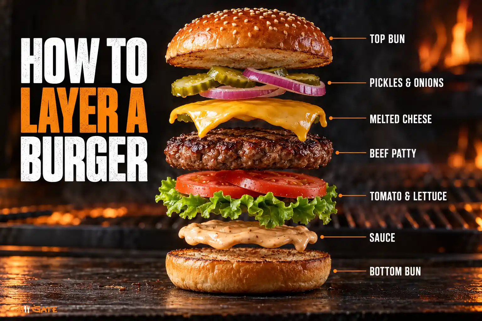 Exploded burger showing the correct order for layering burger toppings