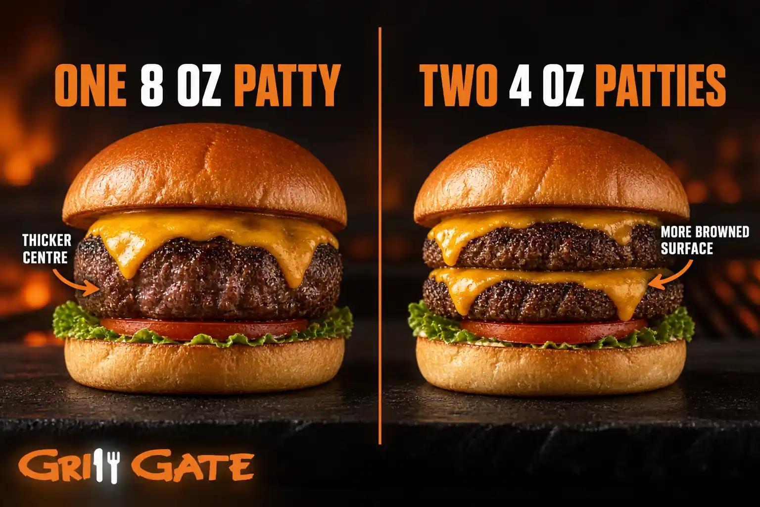 Single 8 oz burger patty compared with two 4 oz burger patties
