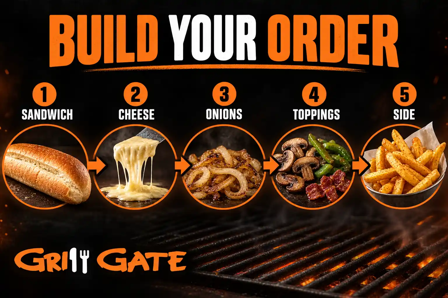 Five steps for ordering a Philly cheesesteak: sandwich, cheese, onions, toppings and side
