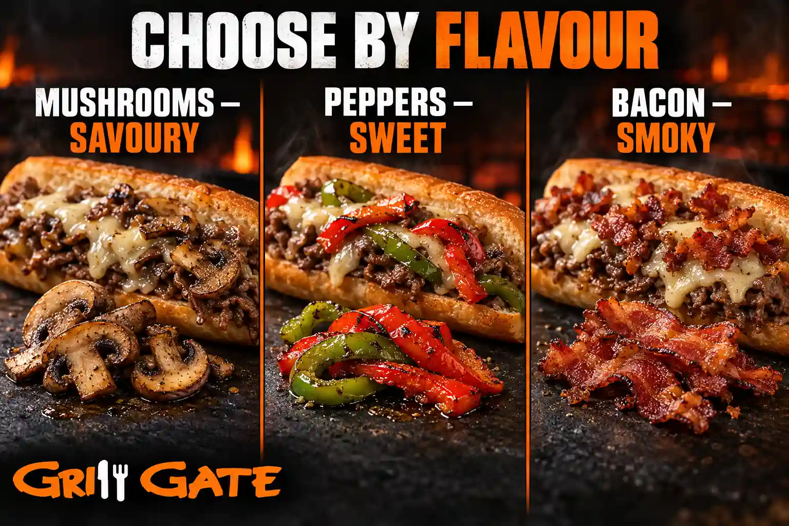Philly cheesesteak toppings compared by flavour: mushrooms, peppers and bacon