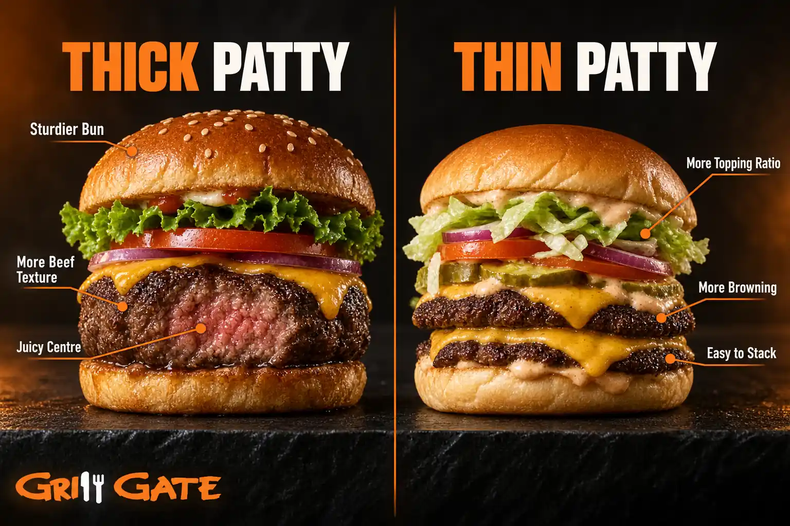 Thick and thin burger patties compared by juiciness, browning and topping ratio