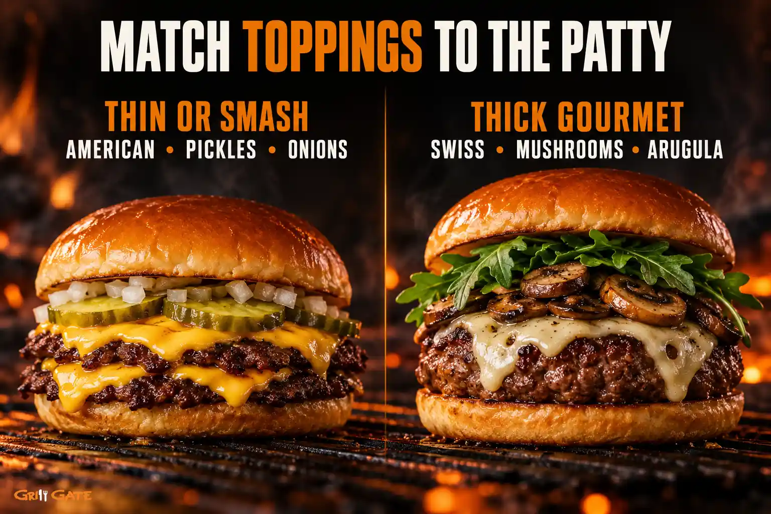 Burger toppings for thin smash patties compared with thick gourmet patties