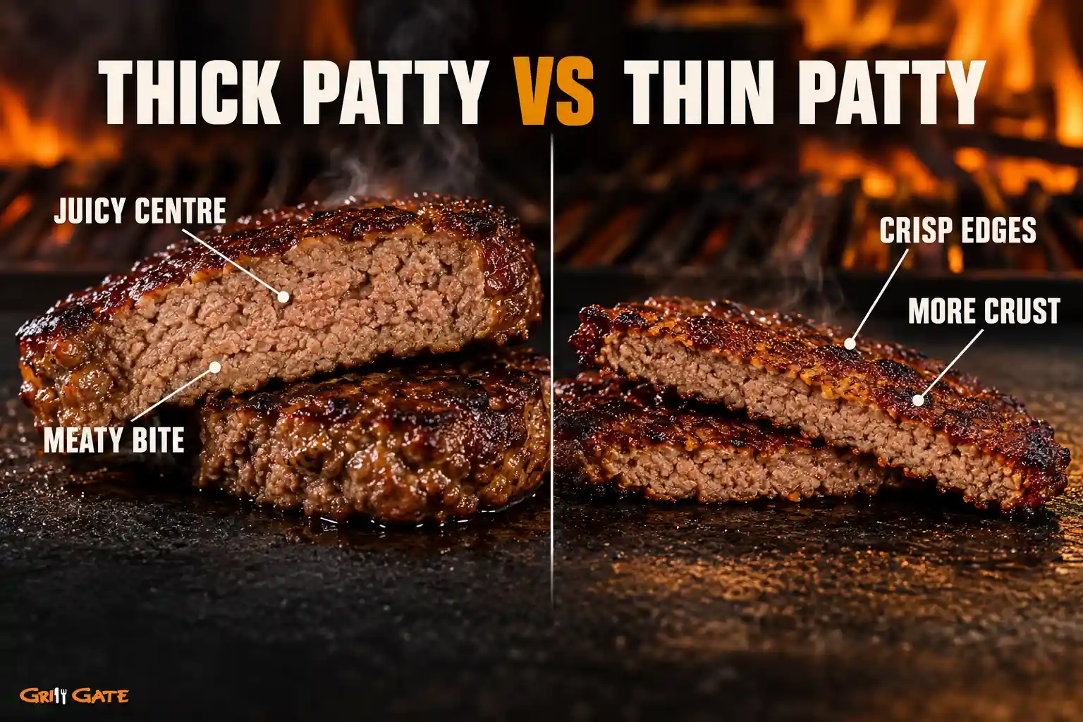 Fully cooked thick and thin burger patties compared by centre texture and crust
