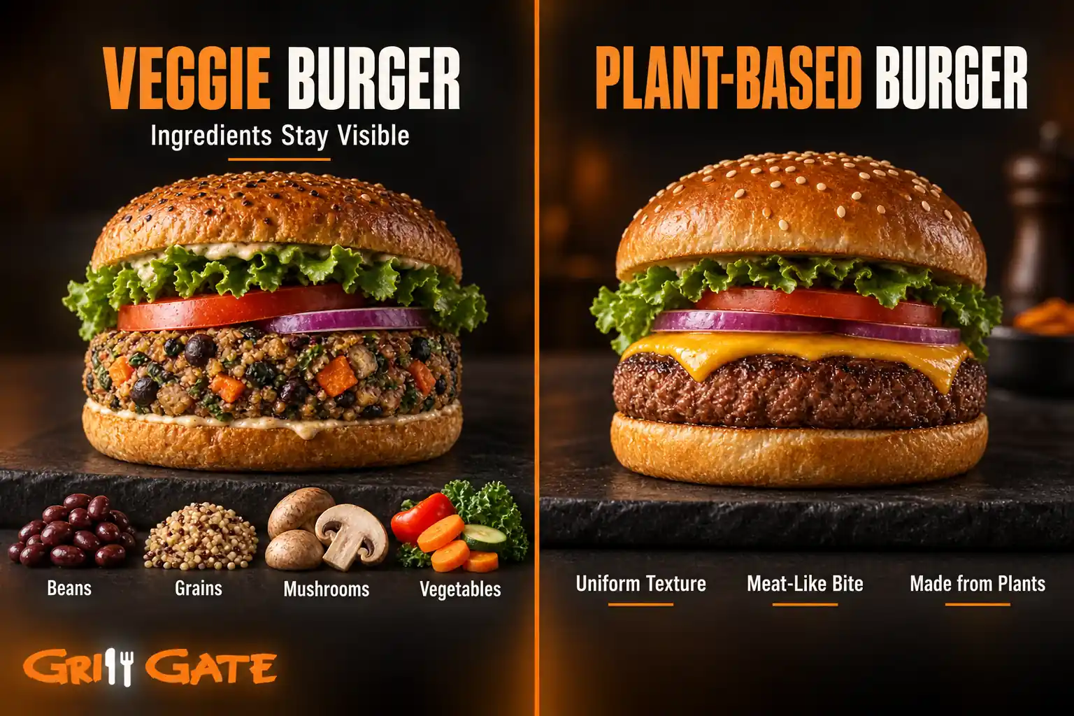 Veggie burger and plant-based burger compared by ingredients and texture