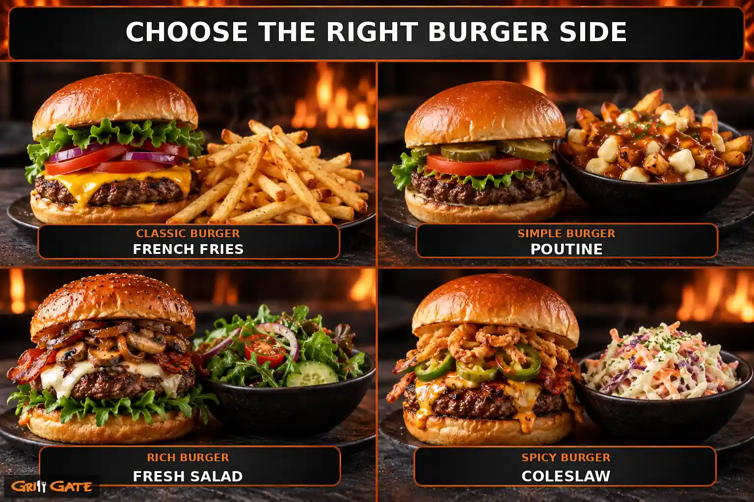 Guide to choosing French fries, poutine, salad or coleslaw for different burgers