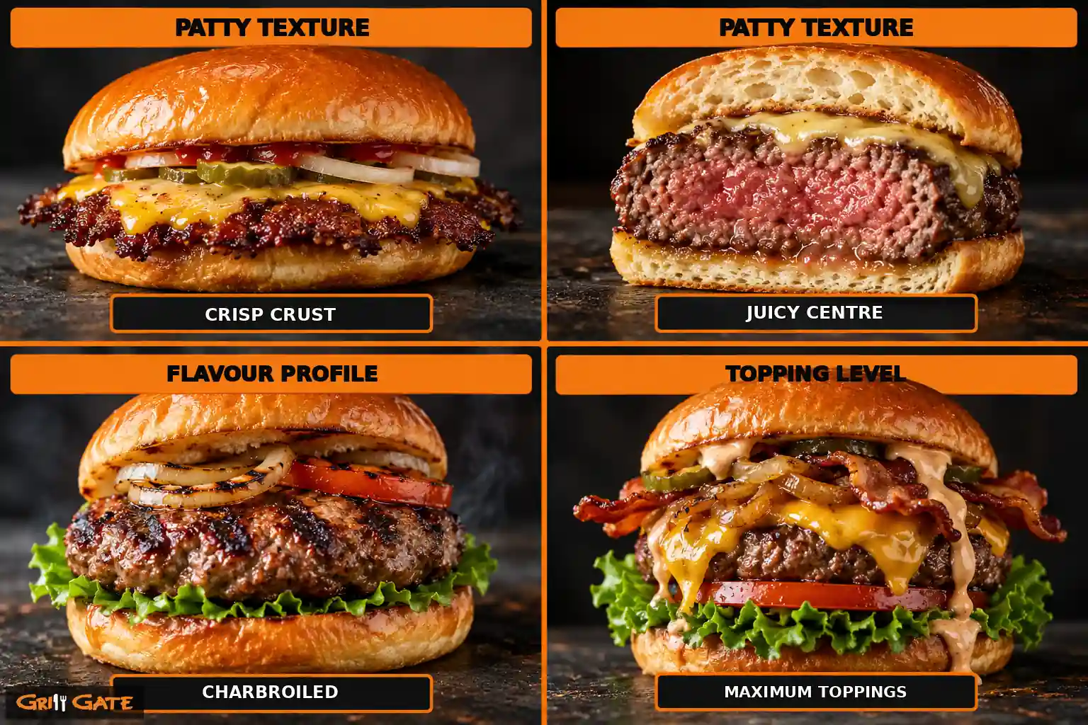 Burger choice guide comparing crisp, juicy, charbroiled and heavily loaded burgers