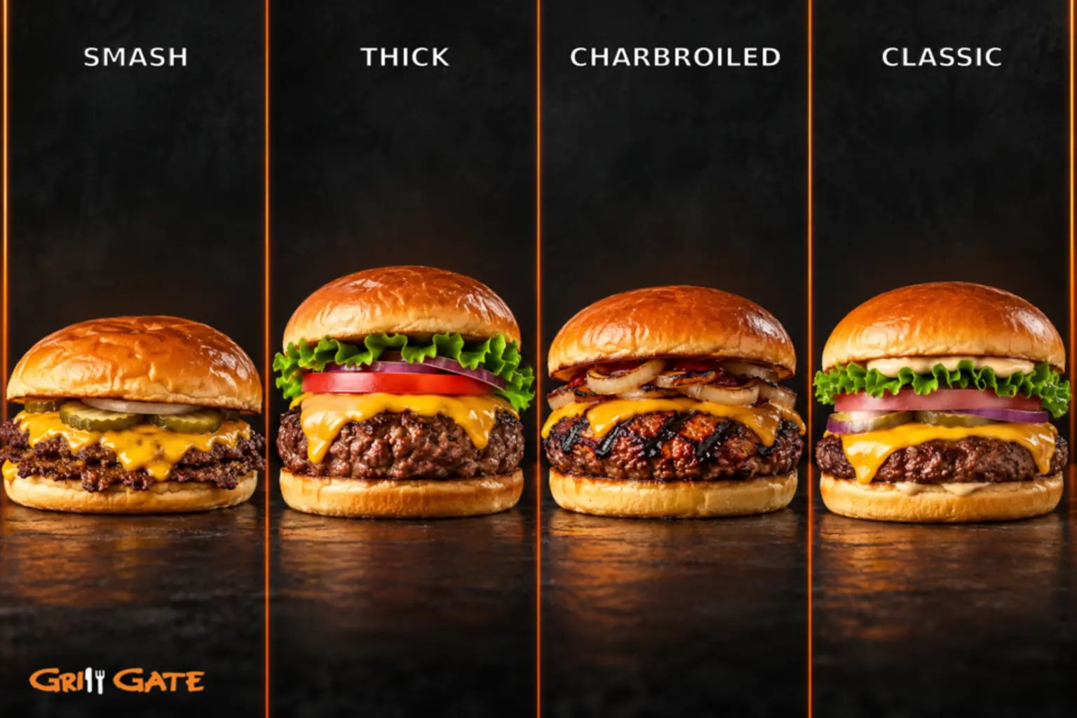 omparison of smash, thick, charbroiled and classic burger styles