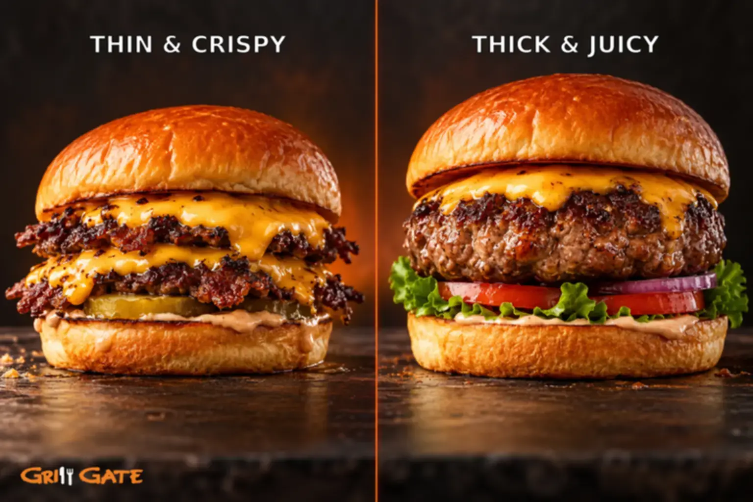 Thin crispy smash burger compared with a thick juicy burger patty