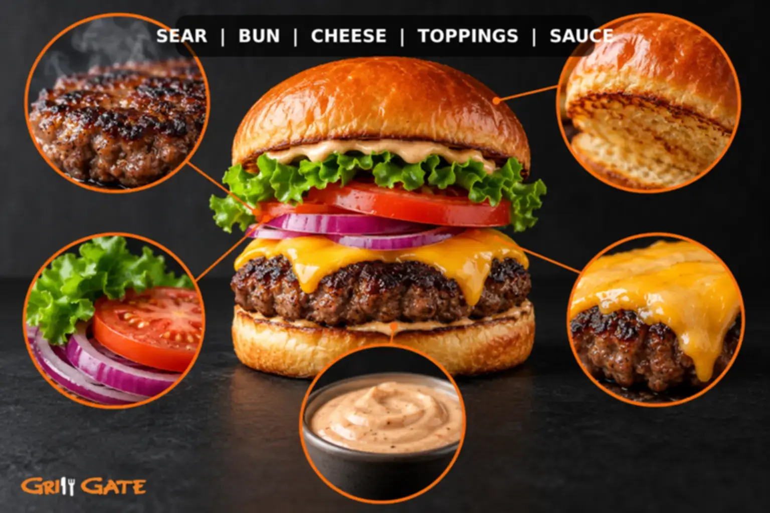 Five signs of a well-built burger including sear, bun, cheese, toppings and sauce