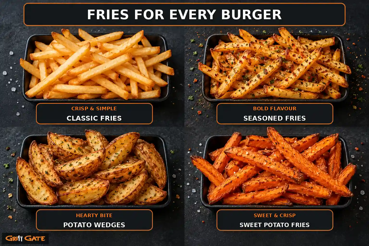 Comparison of classic fries, seasoned fries, potato wedges and sweet potato fries