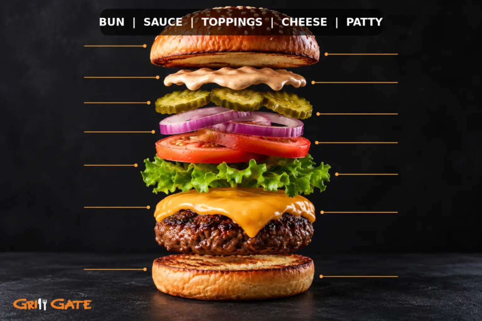 Balanced burger layers including bun, sauce, toppings, cheese and beef patty