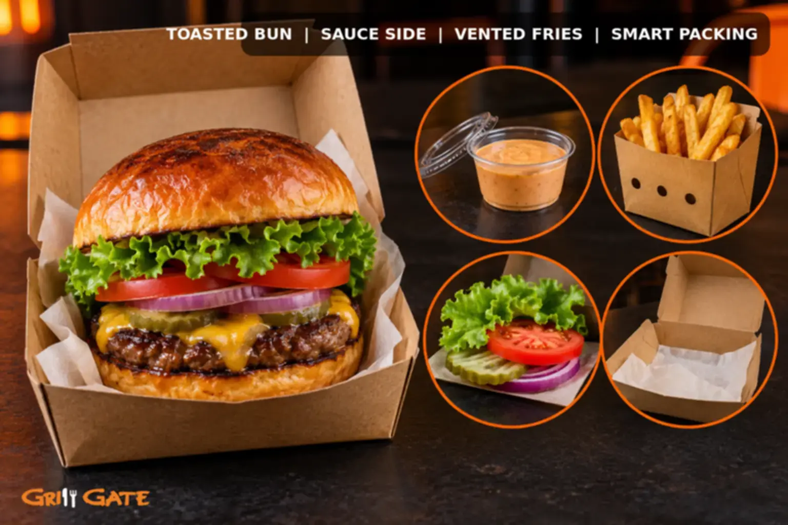 Takeout burger checklist with toasted bun, separate sauce and vented fries