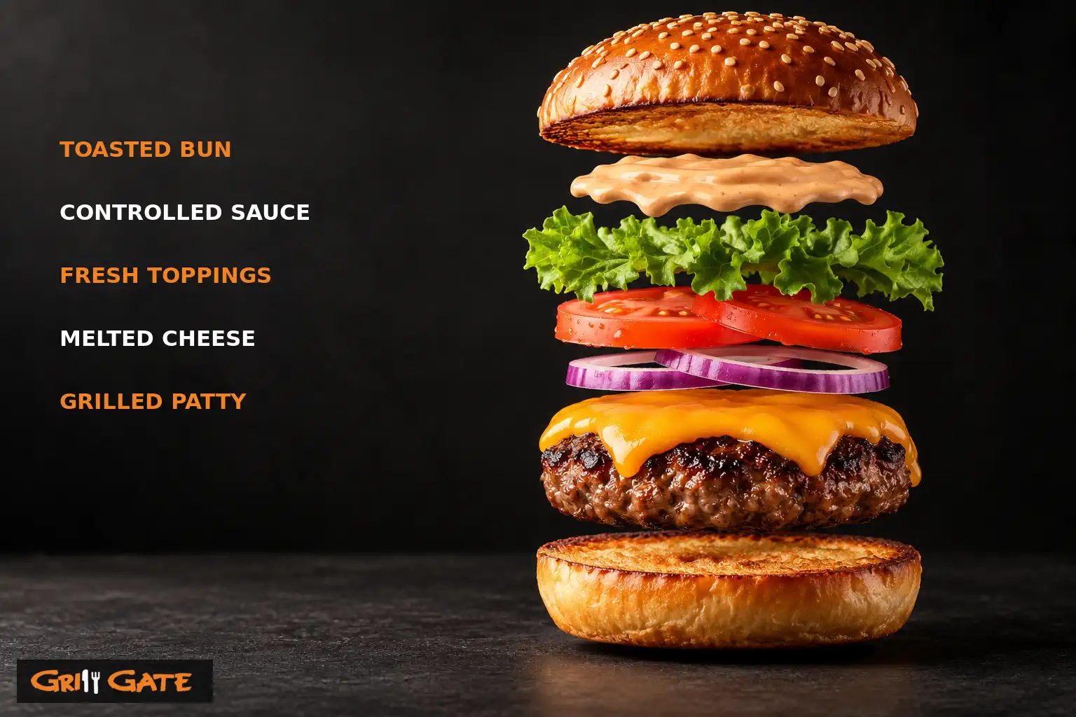 Balanced burger layers with toasted bun, sauce, toppings, cheese and grilled patty