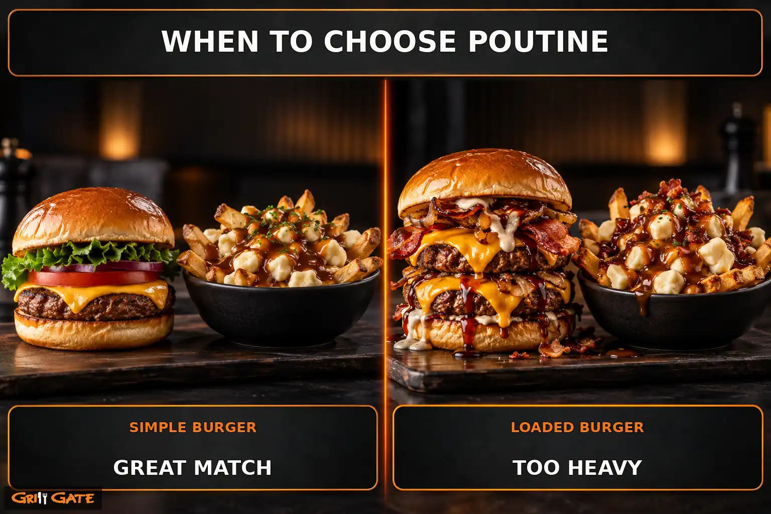 Poutine pairing guide comparing simple and heavily loaded burgers