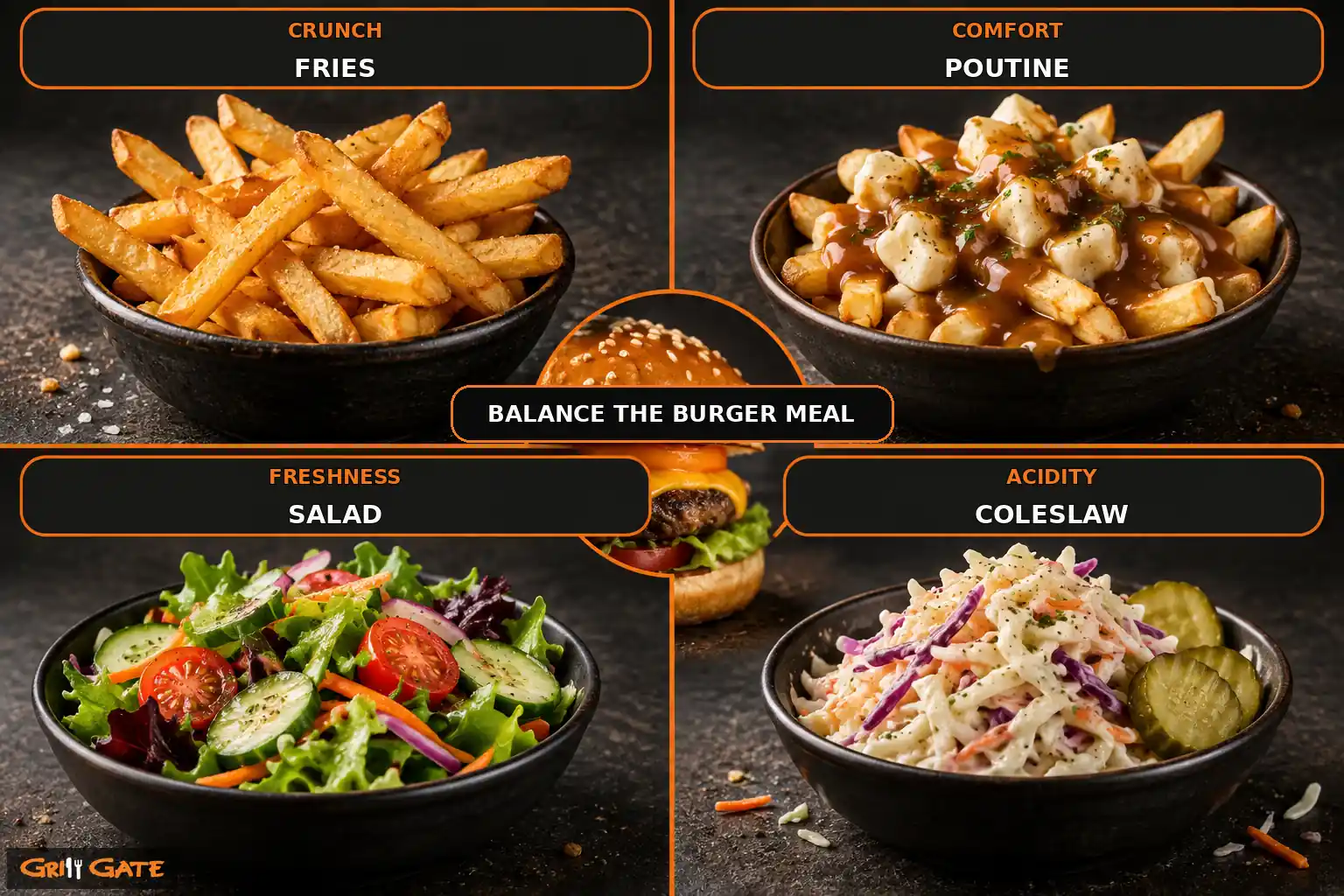 Guide to balancing a burger meal with fries, poutine, salad or coleslaw