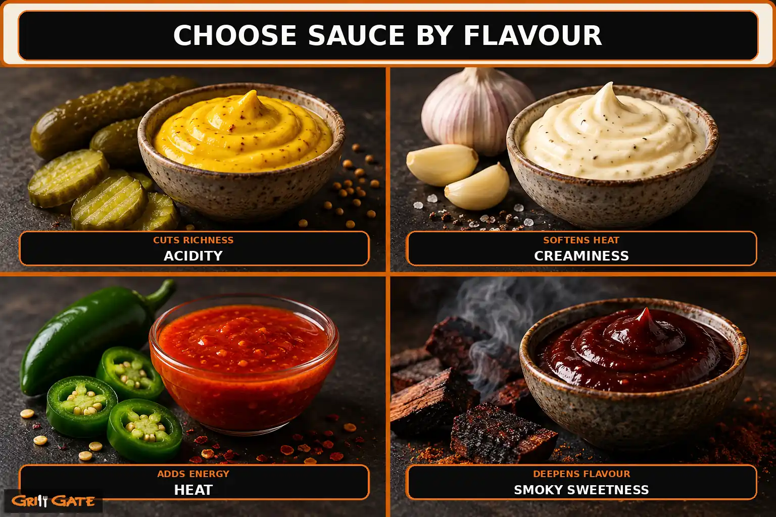 Burger sauce flavour guide comparing acidity, creaminess, heat and smoky sweetness