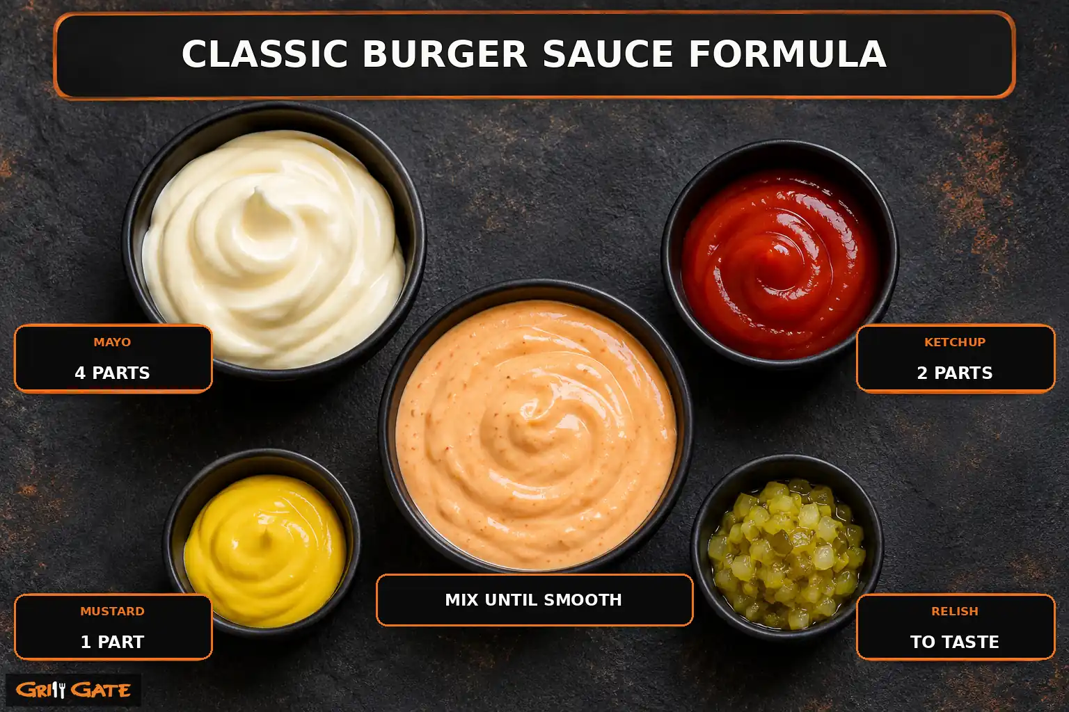 Classic burger sauce formula with mayonnaise, ketchup, mustard and pickle relish