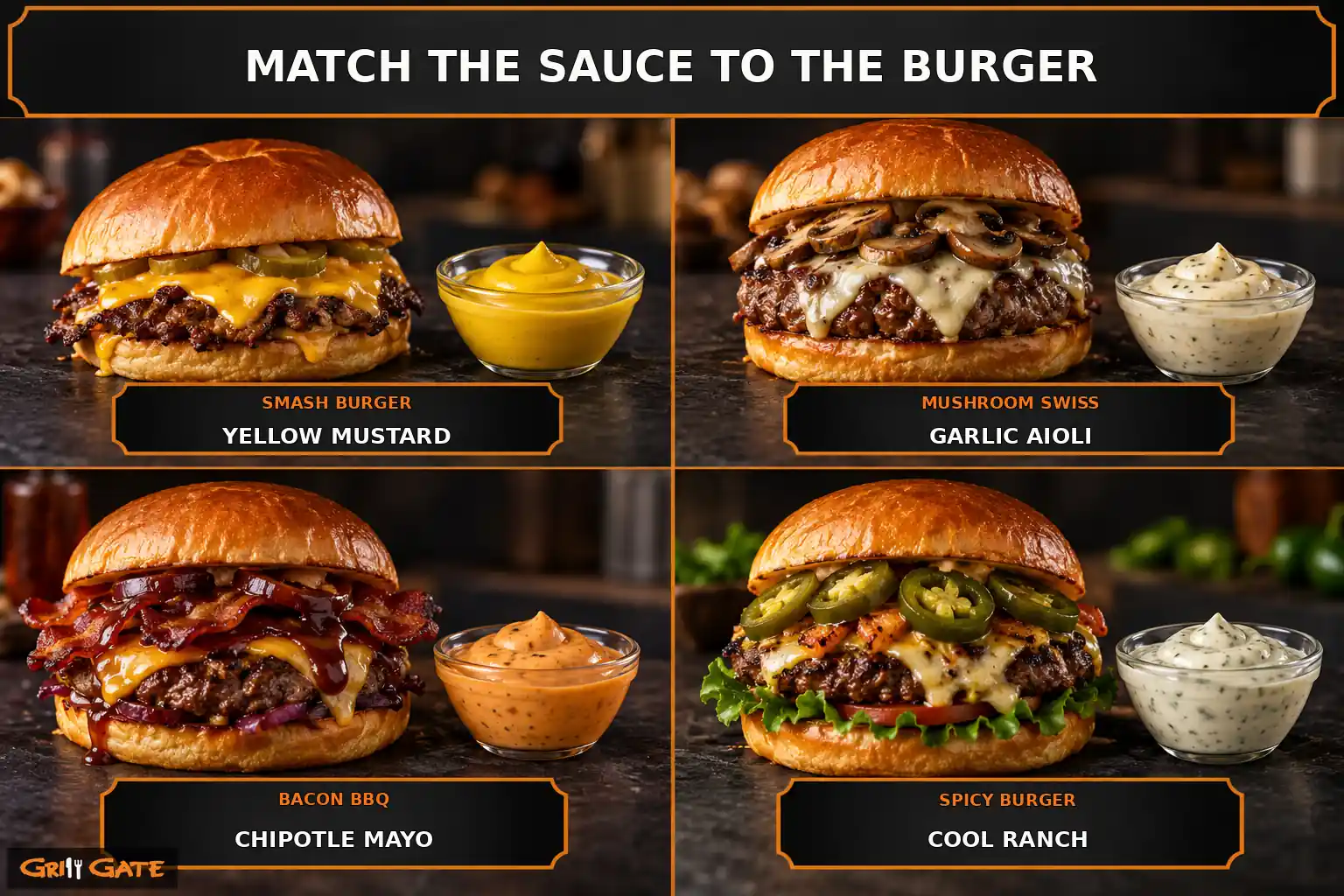 Sauce pairing guide for smash, mushroom Swiss, bacon BBQ and spicy burgers