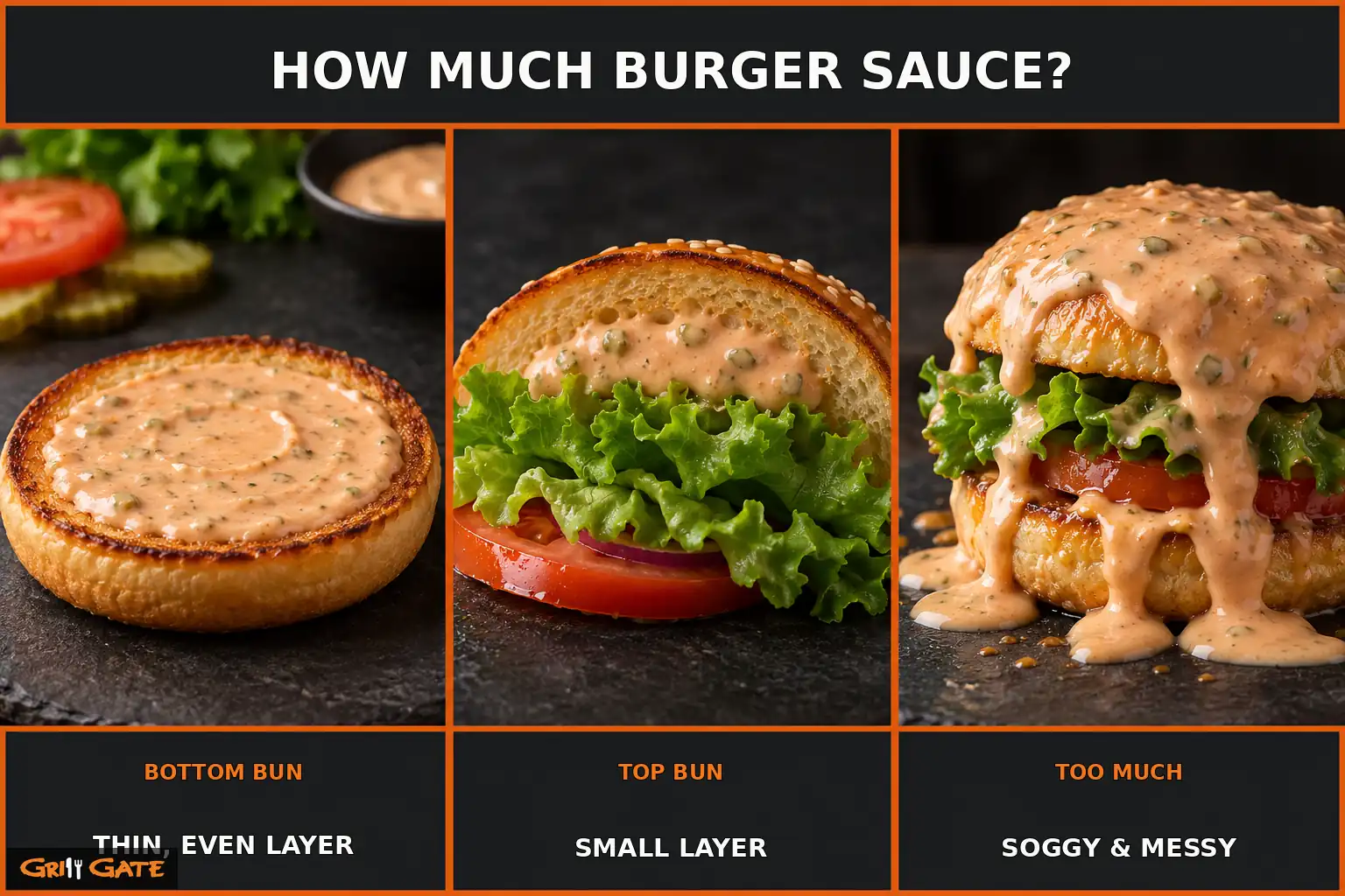 Correct burger sauce amount on the bottom bun and top bun compared with too much sauce