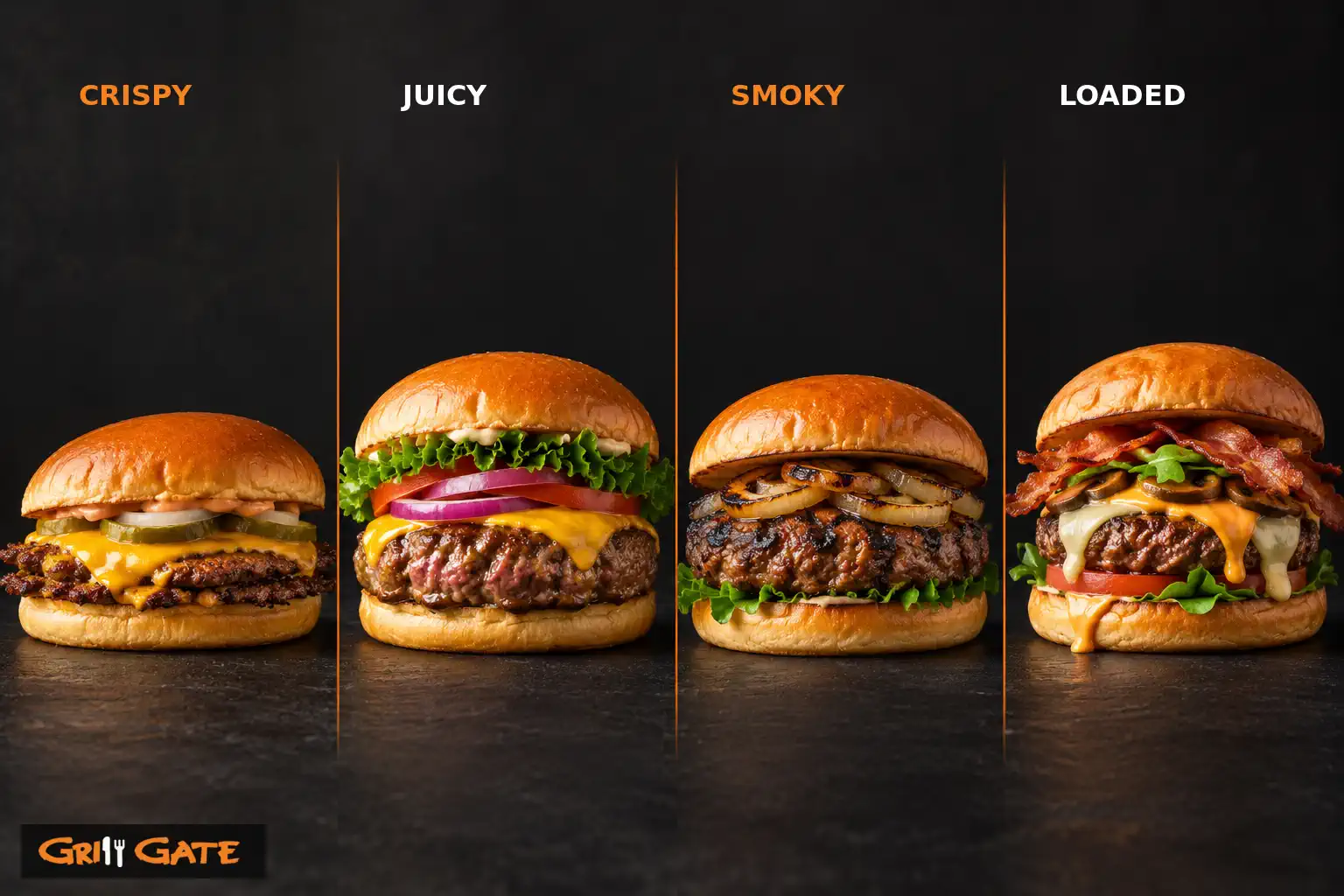 rispy, juicy, smoky and loaded burger styles compared